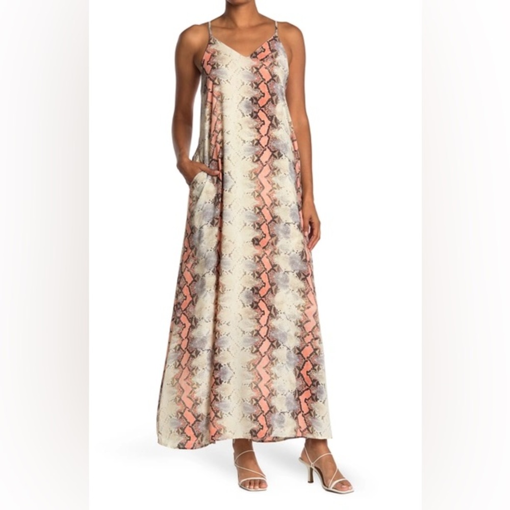 WEST KEI V-NECK SNAKE PRINT MAXI DRESS IN PEACH SNKE NWT SMALL